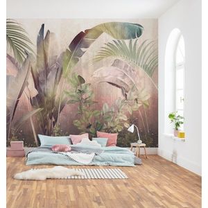 Fototapet Rainforest Mist, Komar, model plante tropicale, print digital, verde/roz, adeziv inclus, 350x250cm imagine