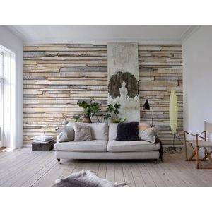Fototapet Whitewashed Wood, Komar, model perete stiva lemne, gri/bej, adeziv inclus, 368x254cm imagine