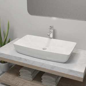 vidaXL Chiuvetă de baie cu robinet mixer, ceramică, dreptunghiular alb imagine