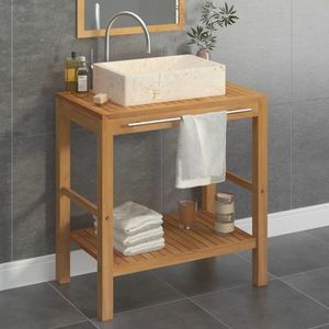 vidaXL Dulap de baie cu chiuvete din marmură, crem, lemn masiv tec imagine