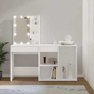vidaXL Măsuță de toaletă cu LED și dulap, alb, lemn prelucrat imagine