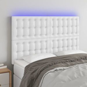vidaXL Tăblie de pat cu LED, alb, 144x5x118/128 cm, piele ecologică imagine