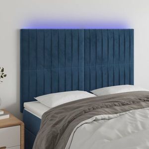 vidaXL Tăblie de pat cu LED, albastru închis, 144x5x118/128cm, catifea imagine
