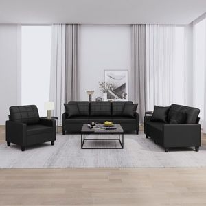 vidaXL Set de canapele cu perne, 3 piese, negru, piele ecologică imagine