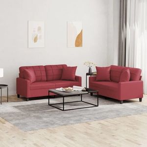 vidaXL Set de canapele cu perne, 2 piese, roșu vin, piele ecologică imagine