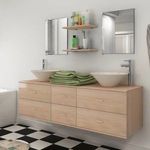 vidaXL Set mobilier baie 9 piese cu chiuvete și robinete incluse, Bej imagine