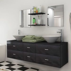 vidaXL Set mobilier de baie, 9 piese, cu chiuvetă și robinet, negru imagine