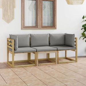 vidaXL Canapea din paleți de grădină, 3 locuri, perne gri, lemn pin imagine