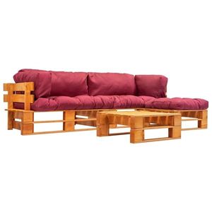 vidaXL Set mobilier grădină din paleți, cu perne roșii, 4 piese, lemn imagine