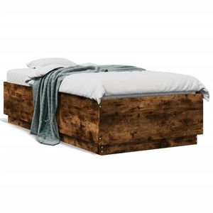 vidaXL Cadru de pat cu LED, stejar fumuriu, 90x190 cm, lemn prelucrat imagine