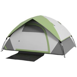 Outsunny Cort Camping 3 Locuri cu Geam din Plasă și Cârlig Felinar, Poliester, Fibră de Sticlă și Cort de Camping PE, 270x210x150 cm, Gri și Verde imagine