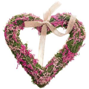 Inimă suspendată din mușchi cu flori uscate, roz, 30 x 4 cm imagine