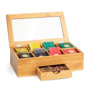 Klarstein Cutie pentru ceai cu compartiment suplimentar, 8 compartimente interioare, 120 pliculețe de ceai, fereastră din plastic, bambus imagine