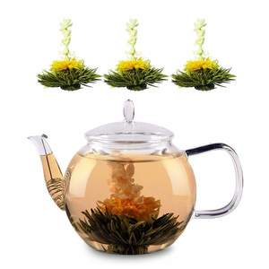 Feelino Ceainic de sticlă, 800 ml, sticlă borosilicată, cu capac, strecurătoare de ceai și flori de ceai imagine