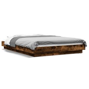 vidaXL Cadru de pat cu LED stejar fumuriu 135x190 cm lemn prelucrat imagine