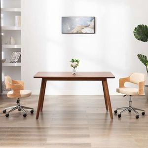 vidaXL Scaun de birou pivotant, crem, lemn curbat și piele ecologică imagine