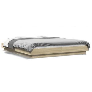 vidaXL Cadru de pat cu tăblie și lumini LED, stejar sonoma, 150x200 cm imagine