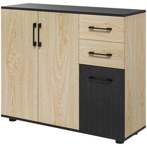 Bufet modern cu 2 dulapuri și 2 sertare, bufet de bucătărie cu raft reglabil, 90x30x75, 5 cm, de culori nuc și negru HOMCOM | Aosom RO imagine