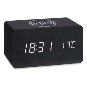 Ceas de masa cu alarma si incarcator wireless Connor, Gift Decor, 15 x 7 x 7.5 cm, MDF, negru imagine