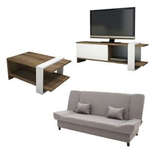 Set mobilier living 3 piese Unique-1, Pakoworld, canapea extensibila 3 locuri / masuta / comoda TV, gri/maro/alb imagine