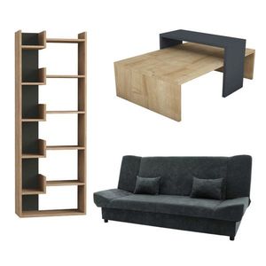 Set mobilier living 3 piese Unique-4, Pakoworld, canapea extensibila 3 locuri / masuta / biblioteca, natural/antracit imagine