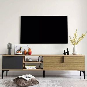 Comoda TV Kowel, Pakoworld, 180x34x51 cm, PAL melaminat, maro/negru/gri inchis imagine