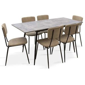 Set masa extensibila si 6 scaune Shazam-Tania, Pakoworld, 120-160x80x76 cm, MDF/fier/textil, gri ciment/negru/bej imagine