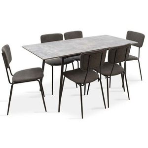 Set masa extensibila si 6 scaune Shazam-Tania, Pakoworld, 120-160x80x76 cm, MDF/fier/textil, gri ciment/negru/gri inchis imagine
