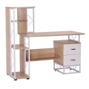 Masa pentru PC, Birou cu Raft lateral, doua sertare, cadru de fier, lemn MDF, alb si lemn 133x55x123cm HOMCOM | Aosom RO imagine