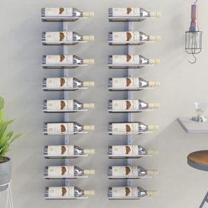 vidaXL Suport sticle de vin, de perete, 9 sticle, 2 buc., alb, fier imagine