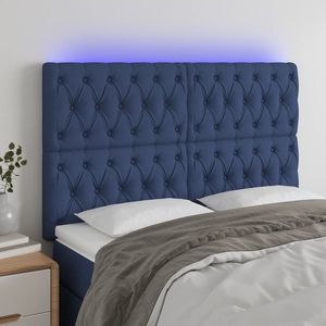vidaXL Tăblie de pat cu LED, albastru, 144x7x118/128 cm, textil imagine