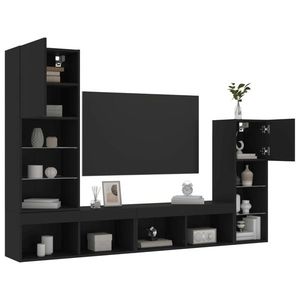 vidaXL Unități de perete TV cu LED-uri, 4 piese, negru, lemn prelucrat imagine