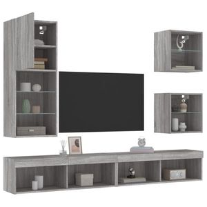 vidaXL Unități de perete TV cu LED-uri, 5 piese, gri sonoma, lemn imagine