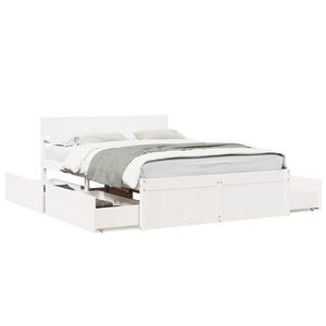 vidaXL Cadru de pat cu sertare, alb, 140x190 cm, lemn masiv de pin imagine