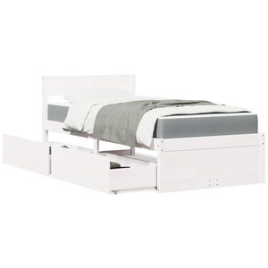 vidaXL Pat cu sertare și saltea, alb, 90x200 cm, lemn masiv pin imagine