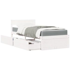 vidaXL Pat cu sertare și saltea, alb, 90x190 cm, lemn masiv pin imagine