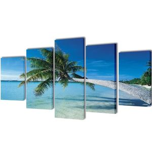 Set tablouri imprimate de pânză, plajă nisip cu palmier, 200 x 100 cm imagine