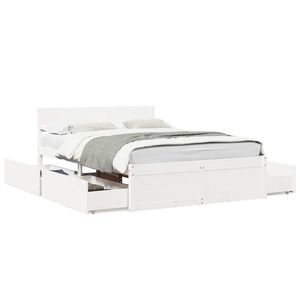 vidaXL Cadru de pat cu sertare, alb, 135x190 cm, lemn masiv de pin imagine
