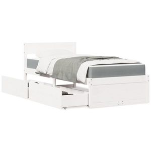 vidaXL Pat cu sertare și saltea, alb, 100x200 cm, lemn masiv pin imagine