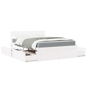 vidaXL Pat cu sertare și saltea, alb, 140x190 cm, lemn masiv pin imagine