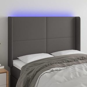 vidaXL Tăblie de pat cu LED, gri, 147x16x118/128 cm, piele ecologică imagine