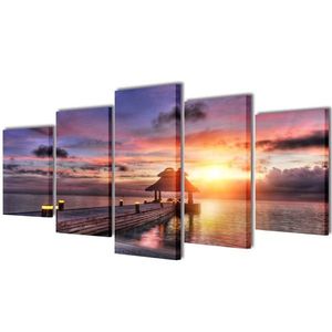 Set tablouri de pânză imprimeu plajă cu pavilion, 200 x 100 cm imagine
