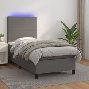 vidaXL Pat cu arcuri, saltea și LED, gri, 90x200 cm, piele ecologică imagine