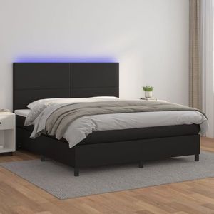 vidaXL Pat cu arcuri, saltea și LED, negru, 160x200cm, piele ecologică imagine