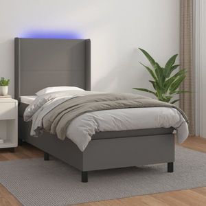 vidaXL Pat cu arcuri, saltea și LED, gri, 90x190 cm, piele ecologică imagine