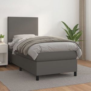 vidaXL Pat box spring cu saltea, gri, 90x200 cm, piele ecologică imagine