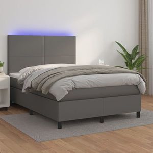 vidaXL Pat cu arcuri, saltea și LED, gri, 140x200 cm, piele eco imagine