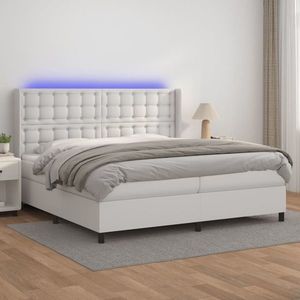 vidaXL Pat cu arcuri, saltea și LED, alb, 200x200 cm, piele ecologică imagine