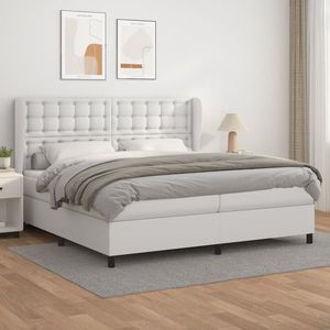 vidaXL Pat box spring cu saltea, alb, 200x200 cm, piele ecologică imagine