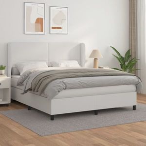 vidaXL Pat box spring cu saltea, alb, 160x200 cm, piele ecologică imagine